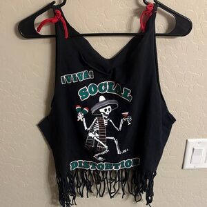 Black Fringe Tank Top with Skeleton Graphic